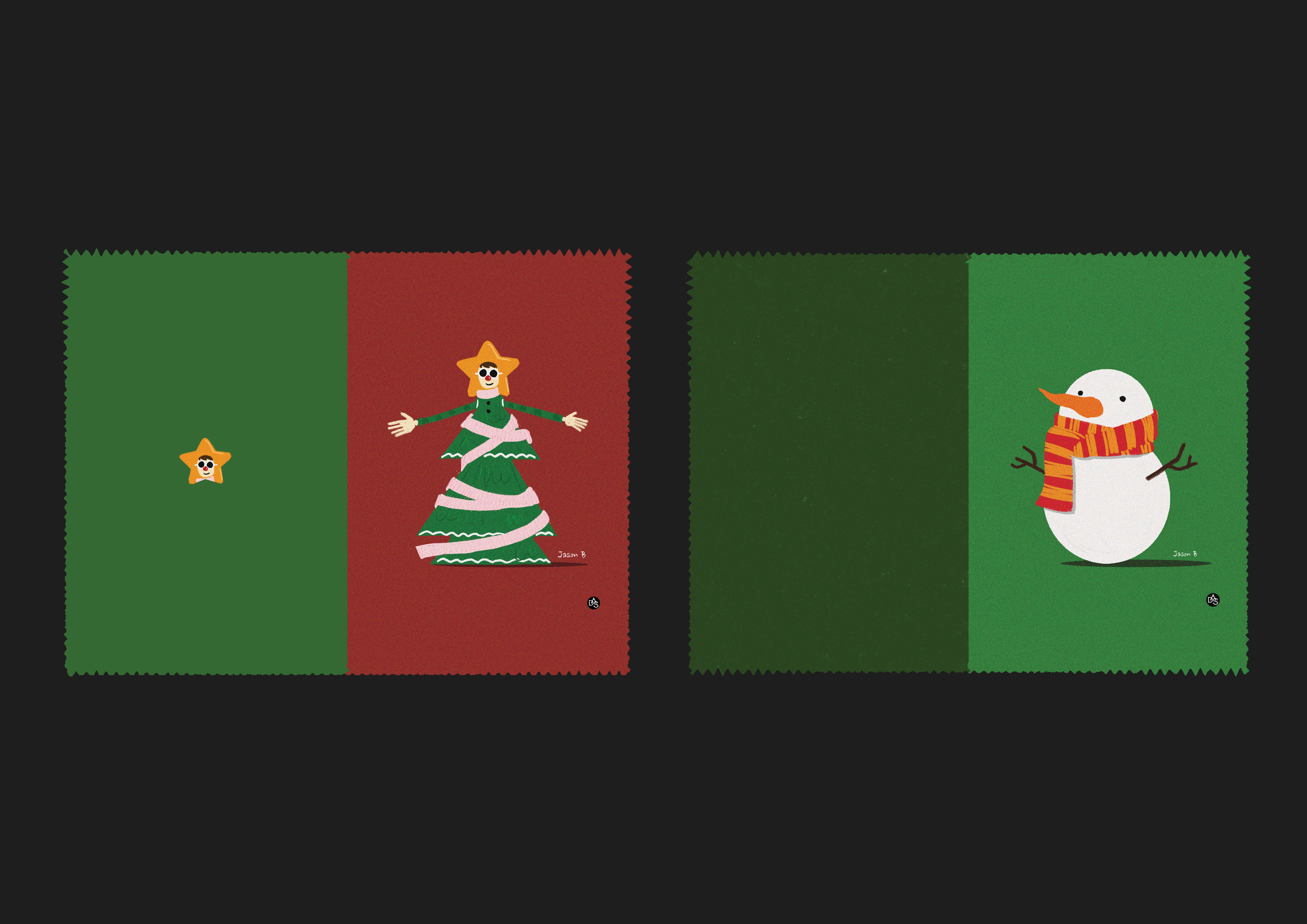 Christmas Bazaar holiday illustrations featuring a Christmas tree character and snowman