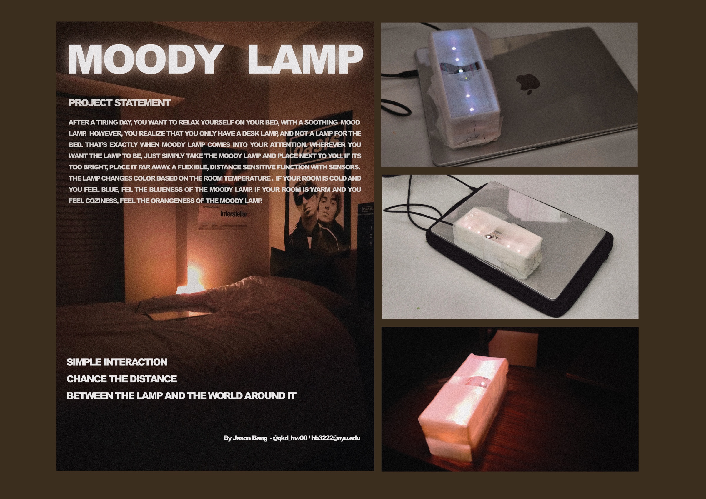 Moody Lamp concept board showing a handmade mood-sensitive bedside lamp and prototype photos