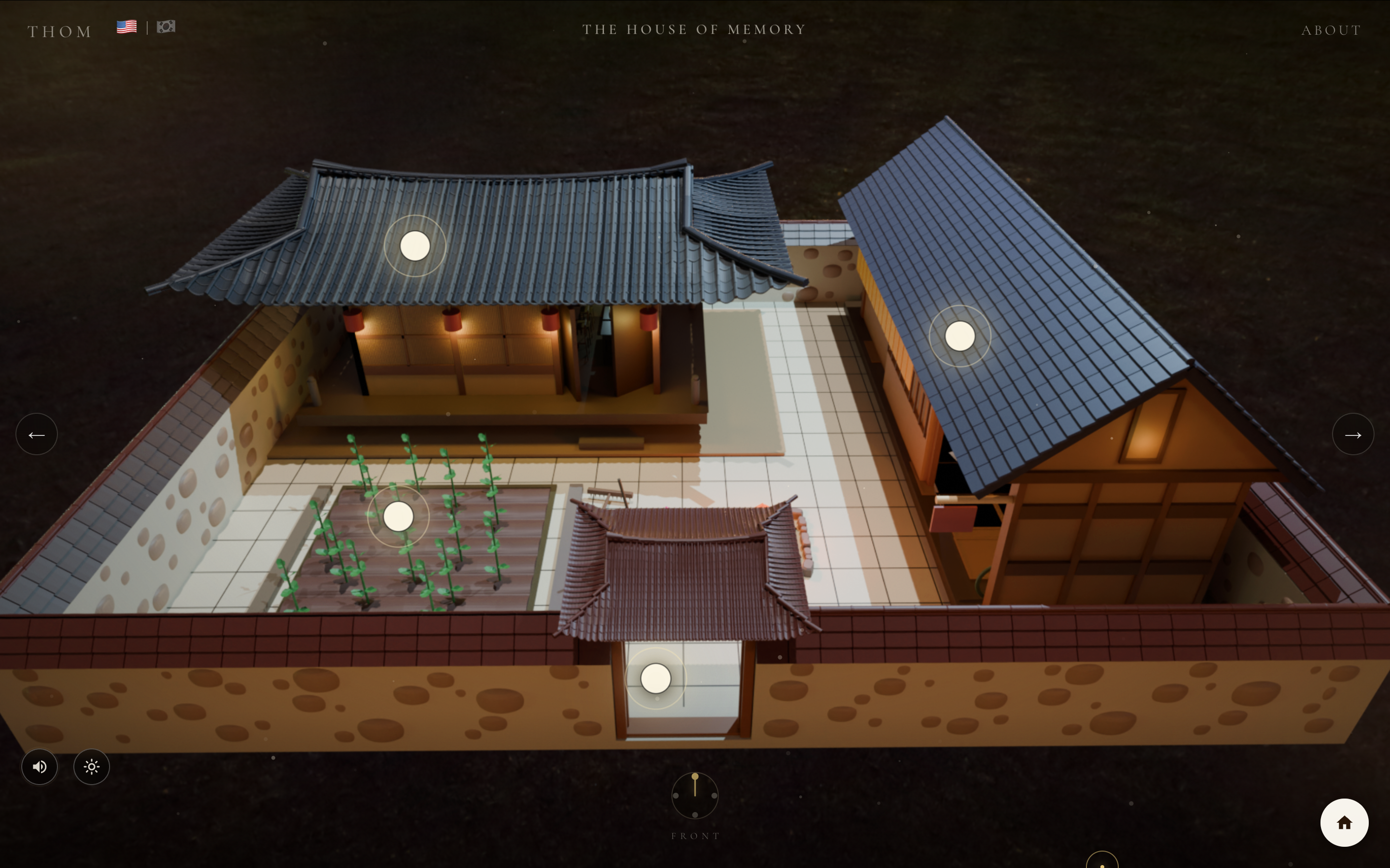 THOM museum interface showing its interactive 3D reconstruction of the family hanok, navigation, and hotspots